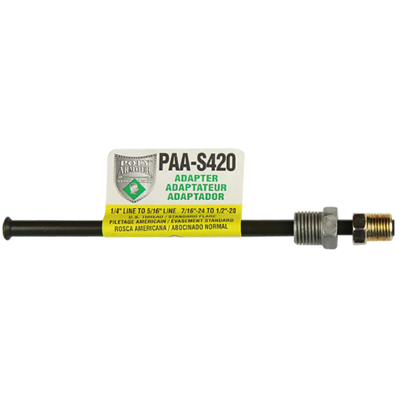 PVF Steel Brake Line Adapter, 1/4" x 8" (7/16-24 Inverted)(1/2-20 Inverted)